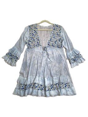 Boho Peasant Sz L Dress Beachy Ruffles Beaded Empire Waist ¾ Riffled Sleeves